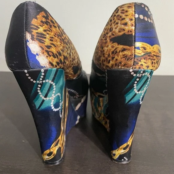 ALDO Platform peep-toe Retro Y2K leopard & gold chain print satin feel size 9 - Picture 4 of 14
